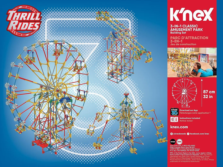 K'NEX 17035 Thrill Rides 3-in-1 Classic Amusement Park Building Set, 744 Piece Kids Building Set for Creative Play, Hours of Fun Making Three Fair Ground Rides, Suitable for Boys and Girls Aged 9+