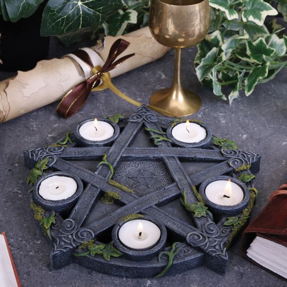 Nemesis Now B2538G6 Wiccan Pentagram Tealight Holder 25.5cm Black, Resin