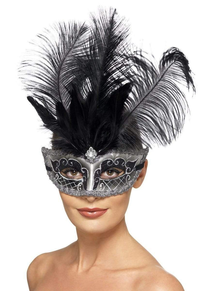 Smiffys Venetian Colombina Eyemask with Black Plumes (27557)